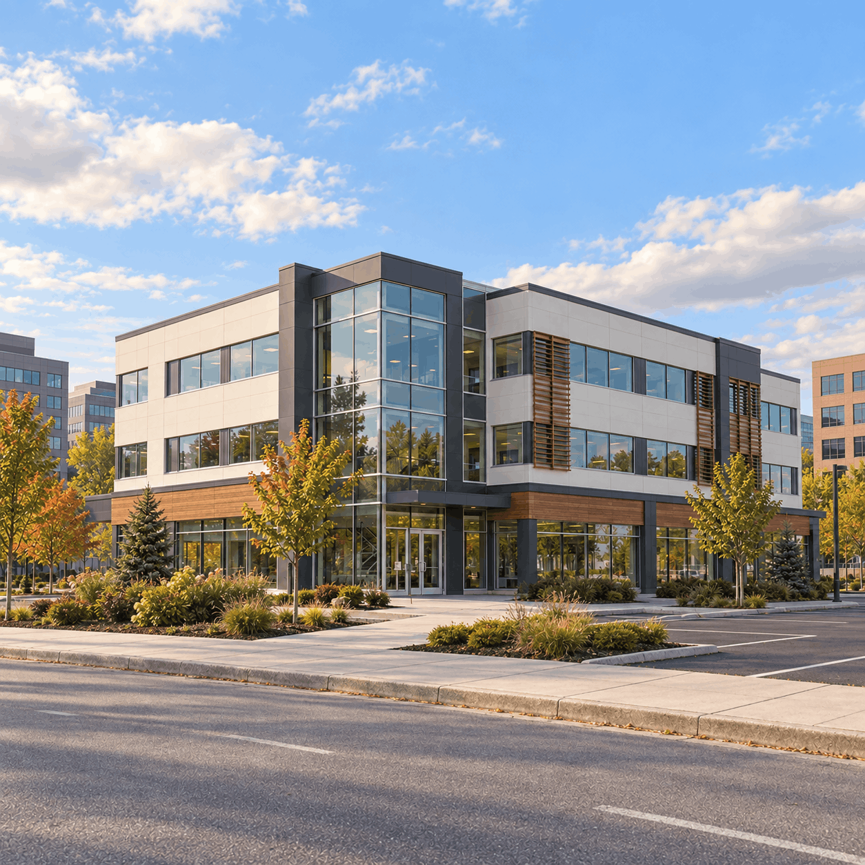 Immeuble de bureaux moderne de trois étages avec stationnement, au Québec