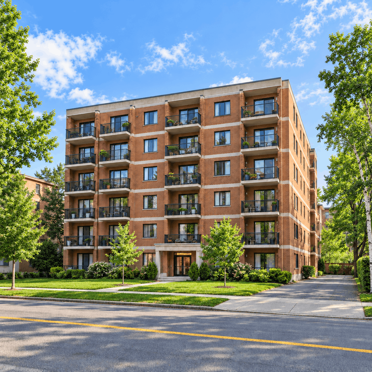 Immeuble à logements en brique avec balcons, en bordure d'une rue, au Québec