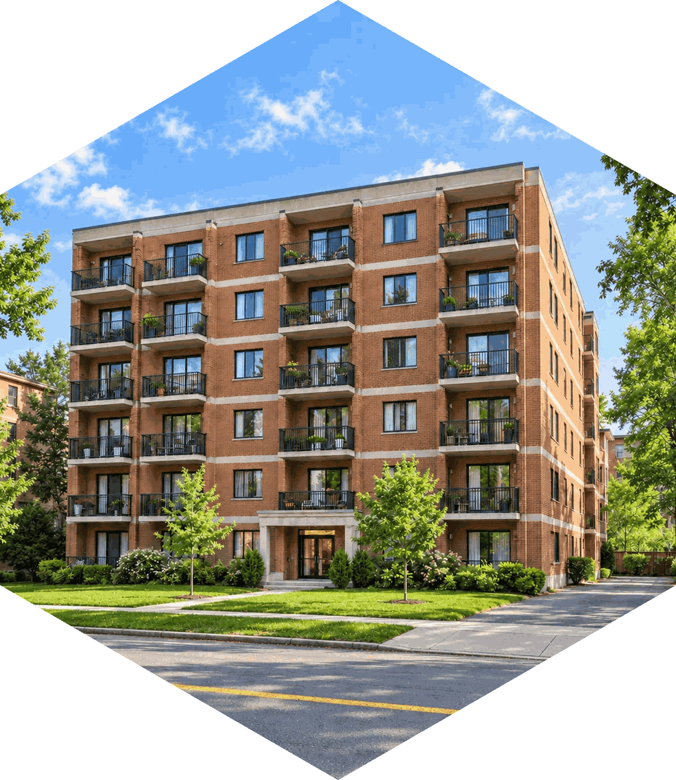 Immeuble à logements en brique avec balcons, au Québec