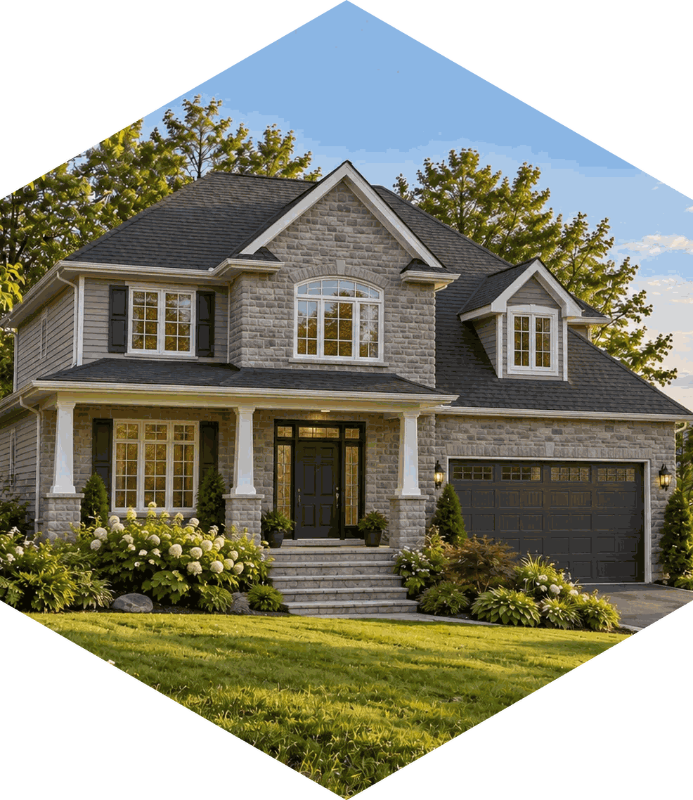 Maison unifamiliale en pierre avec galerie couverte et garage, au Québec
